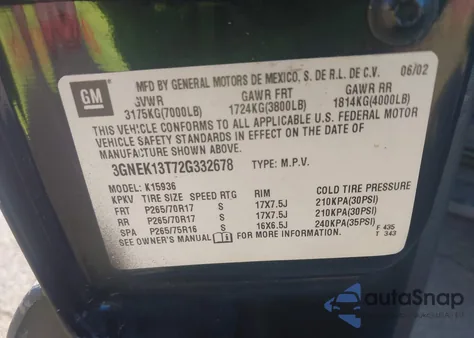 2002 Chevrolet Avalanche 1500 из США, поврежденный, VIN 3GNEK13T72G332678